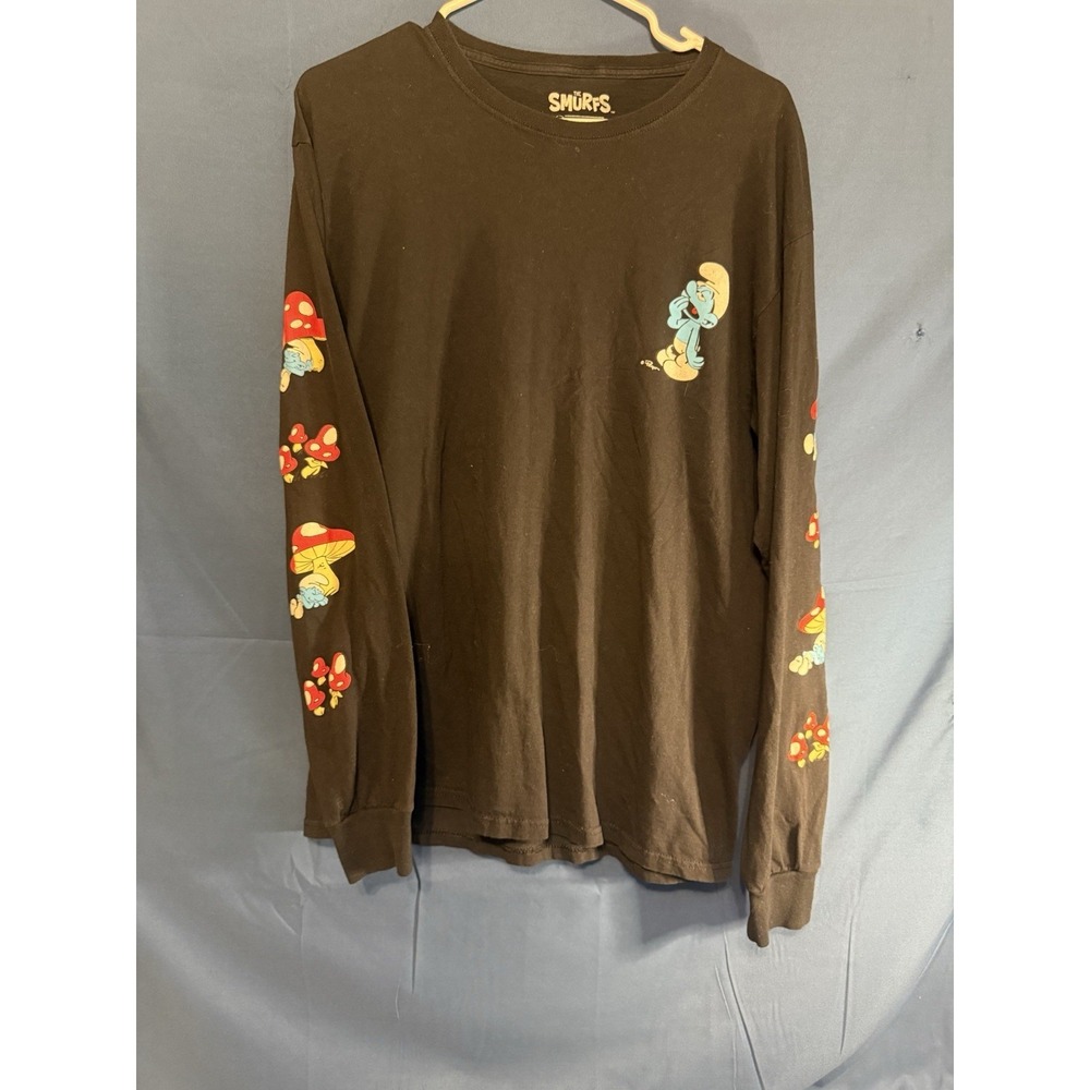 The Smurfs Brown Long Sleeve‎ Graphic T-Shirt Mushroom Sleeves Size L